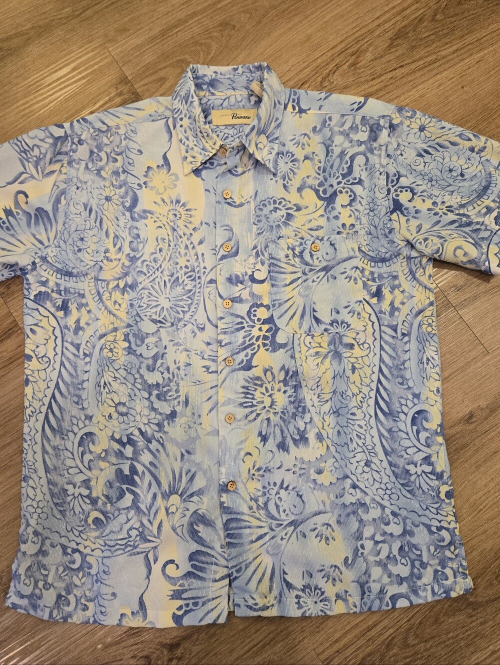 Penmans Blue and Cream Paisley Short-Sleeve Hawaiian Button-Down Shirt